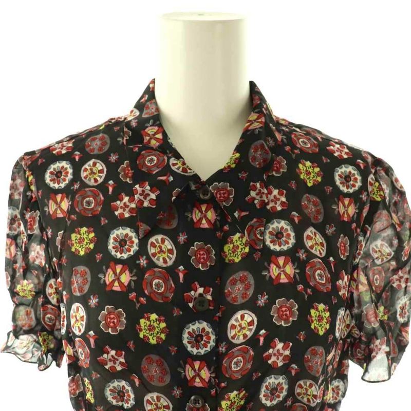 Prada Shirt Blouse Short Sleeve See Through All Over Pattern 40 Black Multicolor