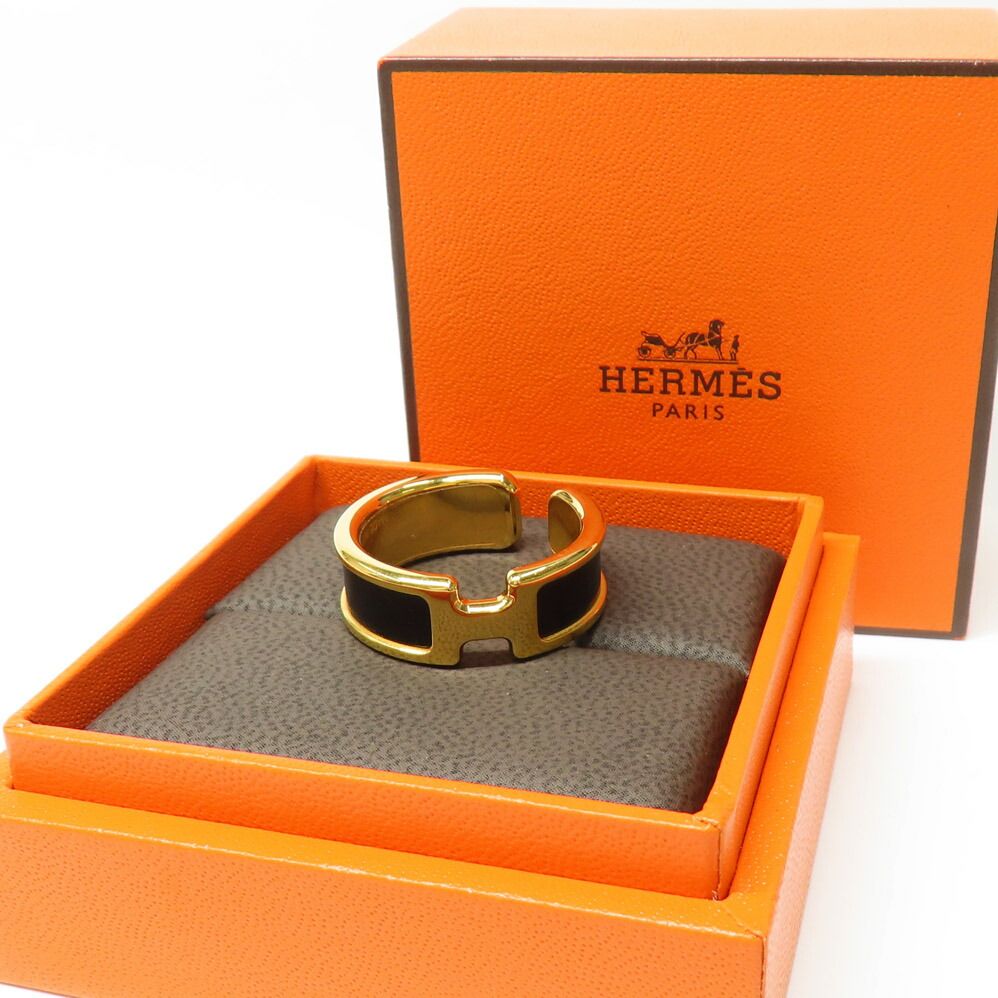 Hermes Olympe GM Black Gold Metal Leather Ring