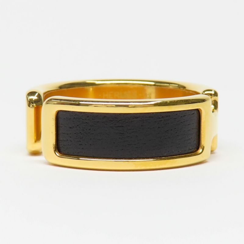 Hermes Olympe GM Black Gold Metal Leather Ring