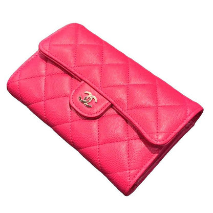 Chanel Quilted Leather Caviar Flap Wallet Bifold Pink