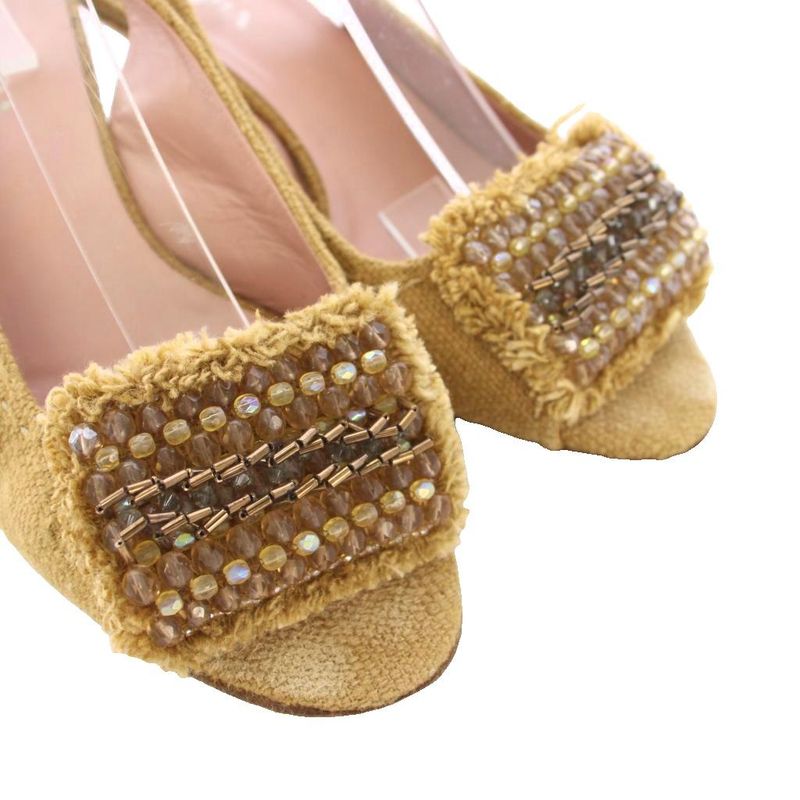 Prada Wedge Sole Sandals Strap Beads 37.5 Beige TK