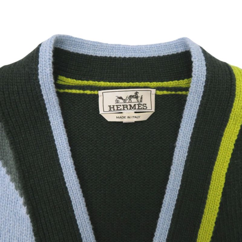 Hermes Tangram Striped Knit Cardigan XL Cashmere Green Light Blue