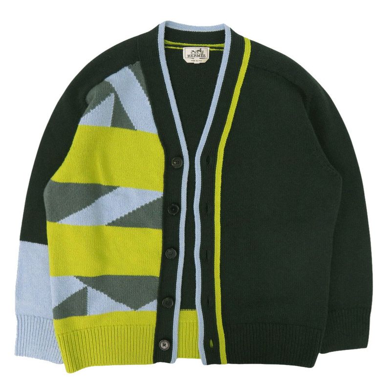 Hermes Tangram Striped Knit Cardigan XL Cashmere Green Light Blue