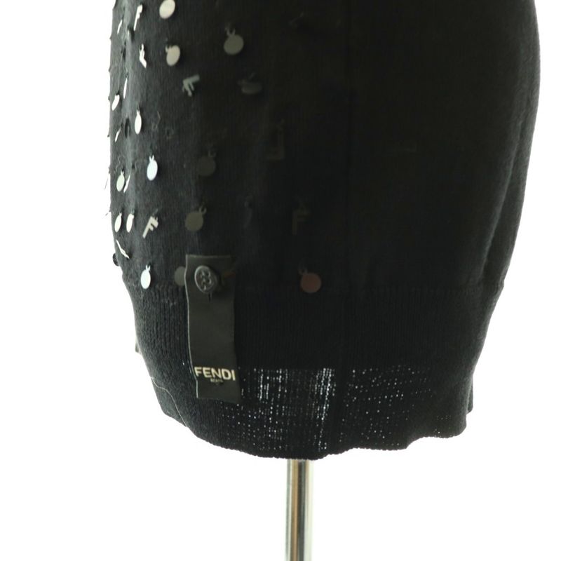 Fendi Tag Logo Sequin Shoulder Knit Sweater 46 Black SS