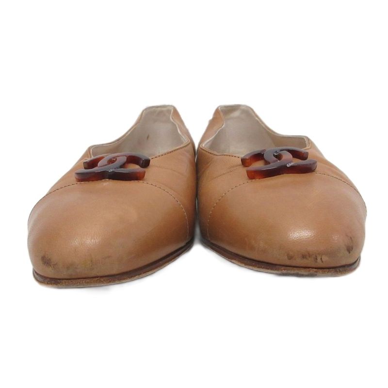 Chanel CC Logo Flat Shoes Ballet Round Toe Motif 35 Brown