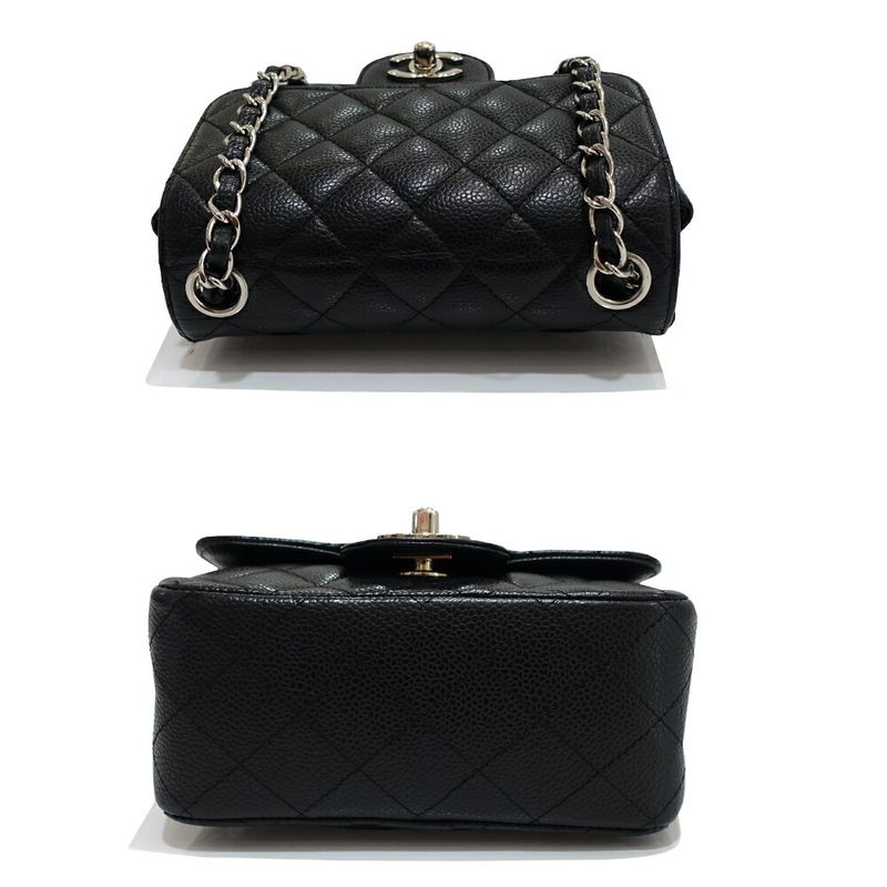 Chanel Mini Quilted Shoulder Bag Caviar Leather Black Silver