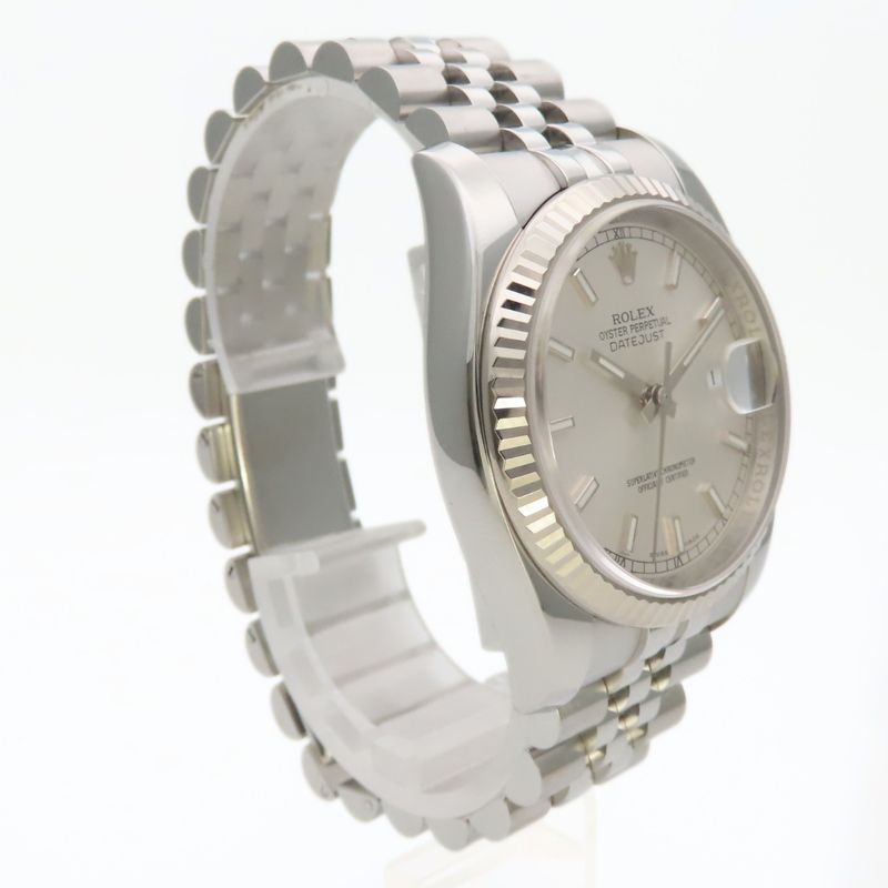 Rolex Watch Datejust 36 Stainless Steel 18k White Gold Silver Dial Bar Index