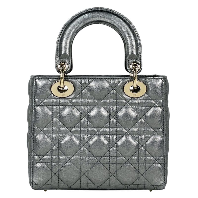 Dior Lady Cannage 2-Way Shoulder Bag Small Leather Silver