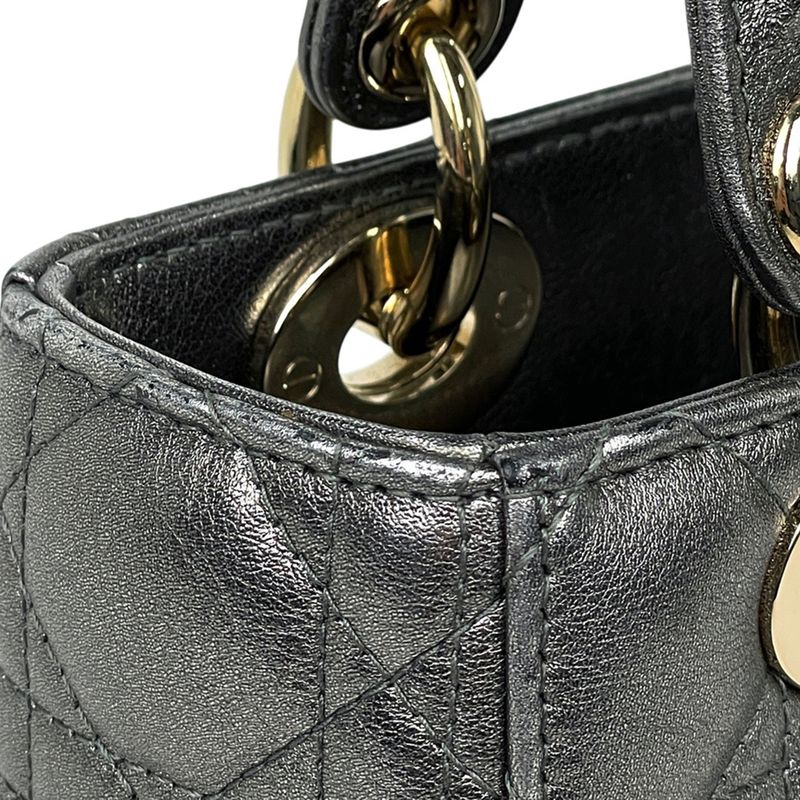 Dior Lady Cannage 2-Way Shoulder Bag Small Leather Silver