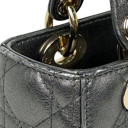 Dior Lady Cannage 2-Way Shoulder Bag Small Leather Silver
