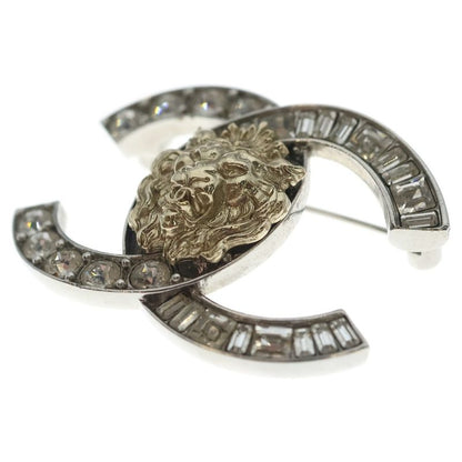 Chanel CC Logo Line Stone Lion Brooch Silver