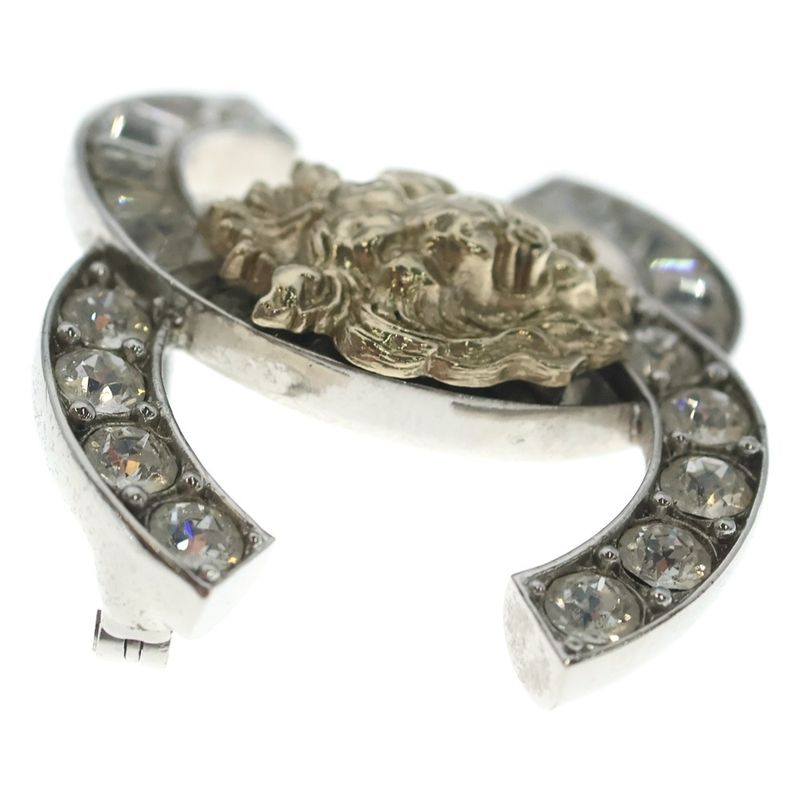 Chanel CC Logo Line Stone Lion Brooch Silver