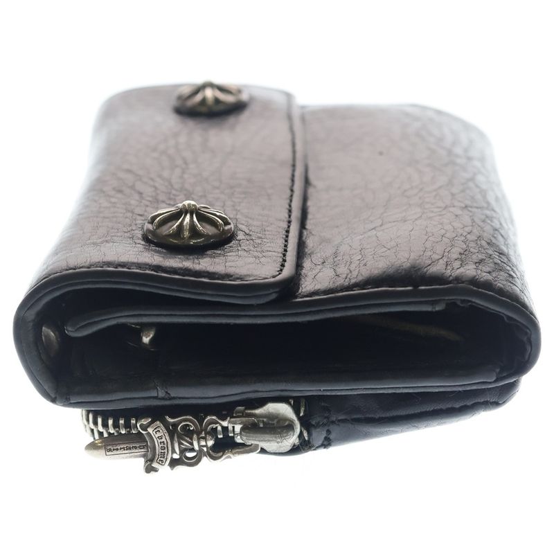 Chrome Hearts Lil Spoon Cross Button Leather Wallet Black Silver