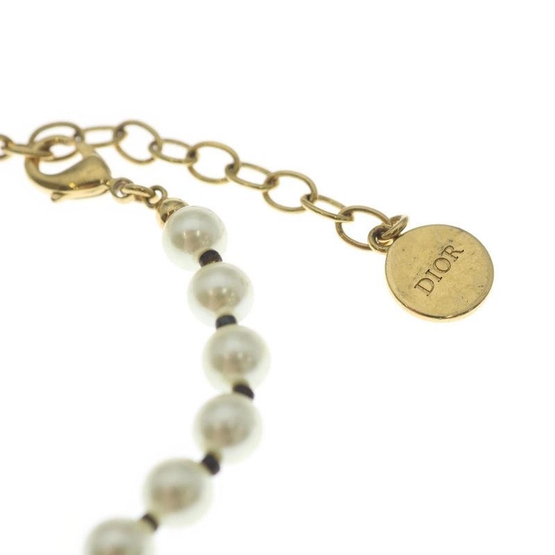 Dior Cdlogo Faux Pearl Necklace Choker Gold White