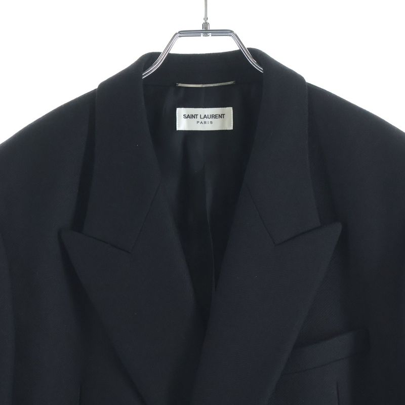 Saint Laurent Paris Silk Metal Button Double Breasted Middle Coat Black