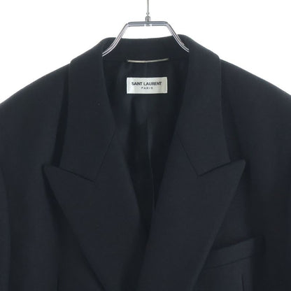 Saint Laurent Paris Silk Metal Button Double Breasted Middle Coat Black