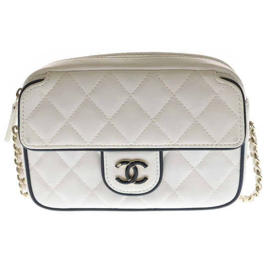 Chanel CC Logo Camera Bag Chain Mini White Black Lambskin Gold
