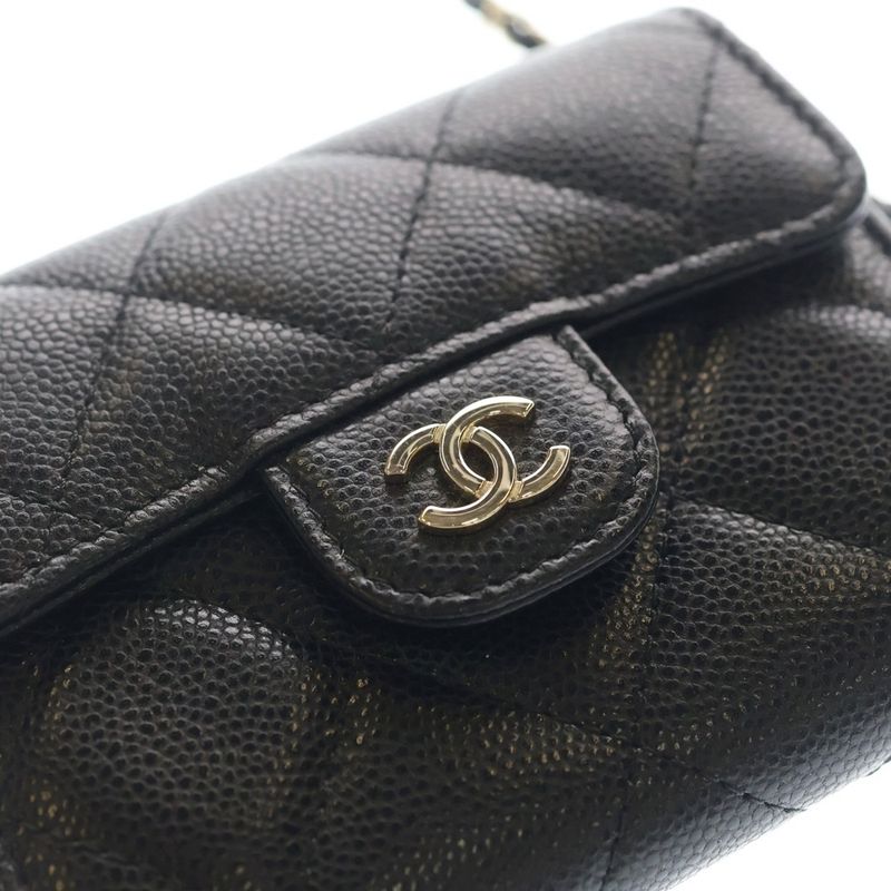 Chanel Quilted Chain Wallet Mini Shoulder Caviar Leather Black Gold