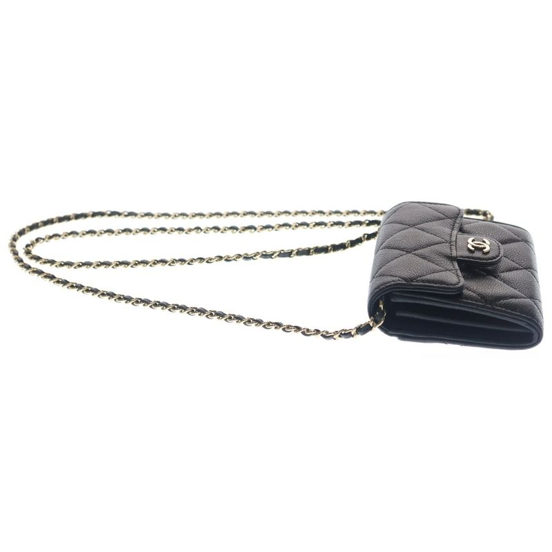 Chanel Quilted Chain Wallet Mini Shoulder Caviar Leather Black Gold