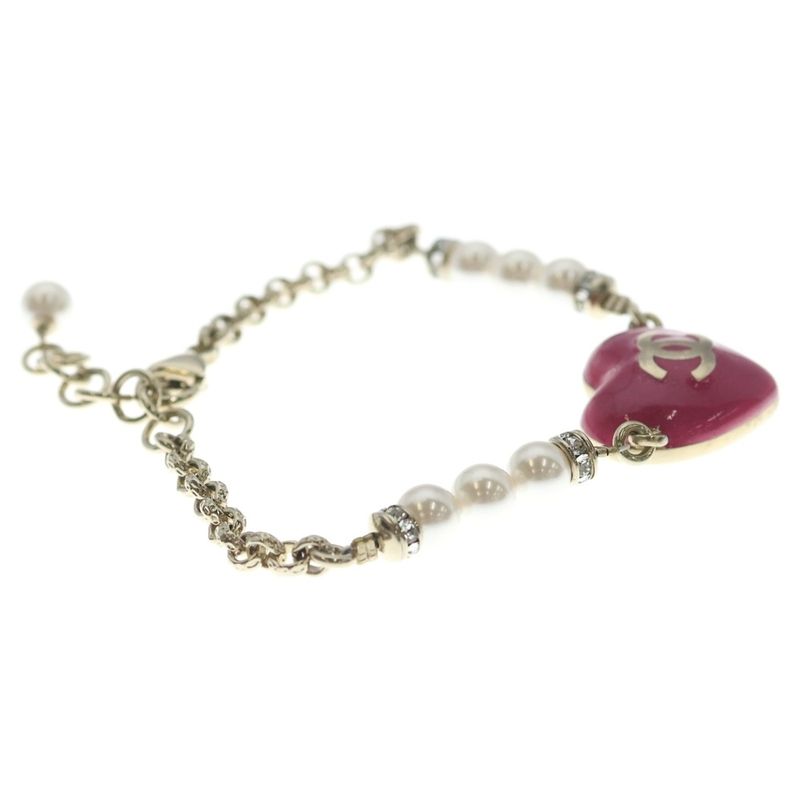 Chanel CC Logo Line Stone Costume Pearl Gold Pink Bracelet