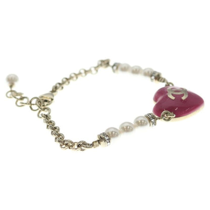 Chanel CC Logo Line Stone Costume Pearl Gold Pink Bracelet