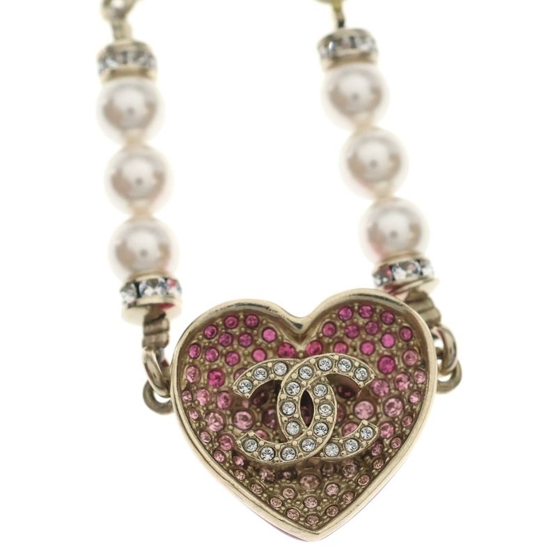 Chanel CC Logo Line Stone Costume Pearl Gold Pink Bracelet