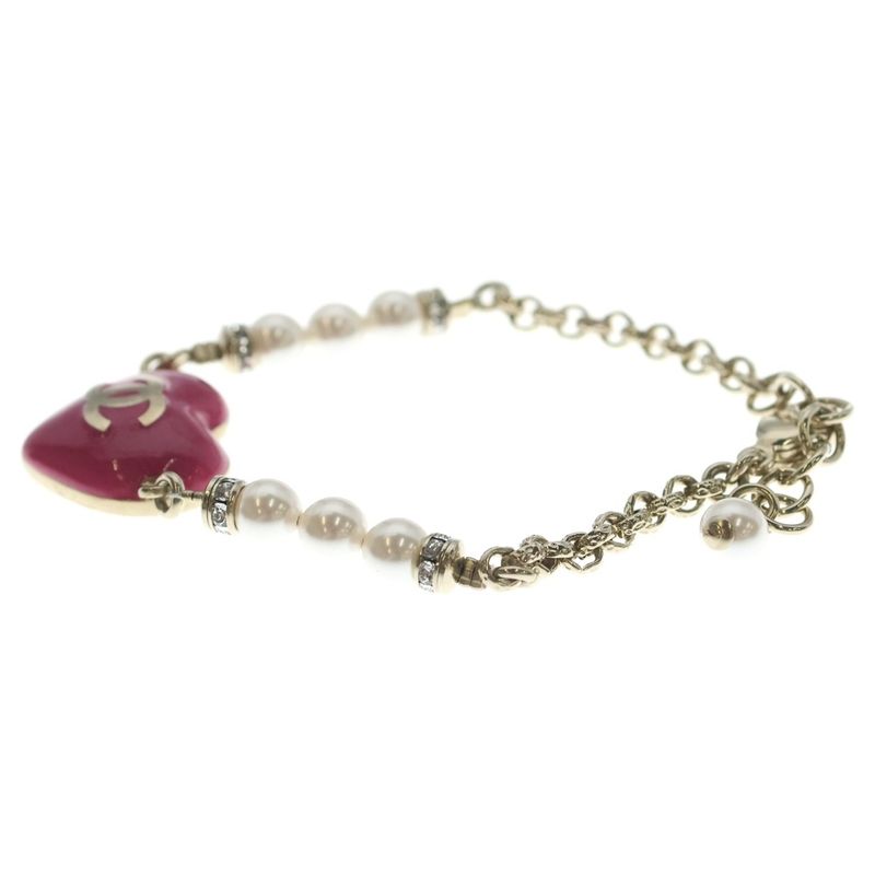 Chanel CC Logo Line Stone Costume Pearl Gold Pink Bracelet
