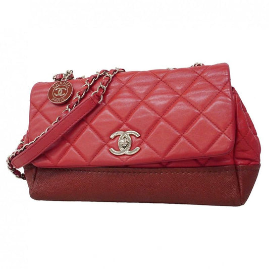 Chanel Shoulder Bag Quilted Caviar Leather Red Silver