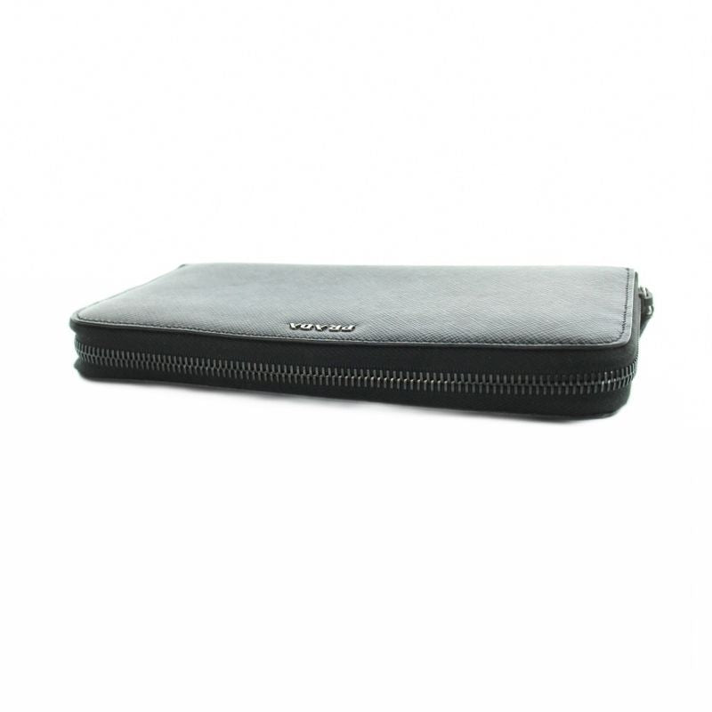 Prada Wallet Zip Around Logo Saffiano Leather Black