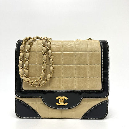 Chanel Shoulder Bag Bicolor Choco Bar Leather Beige