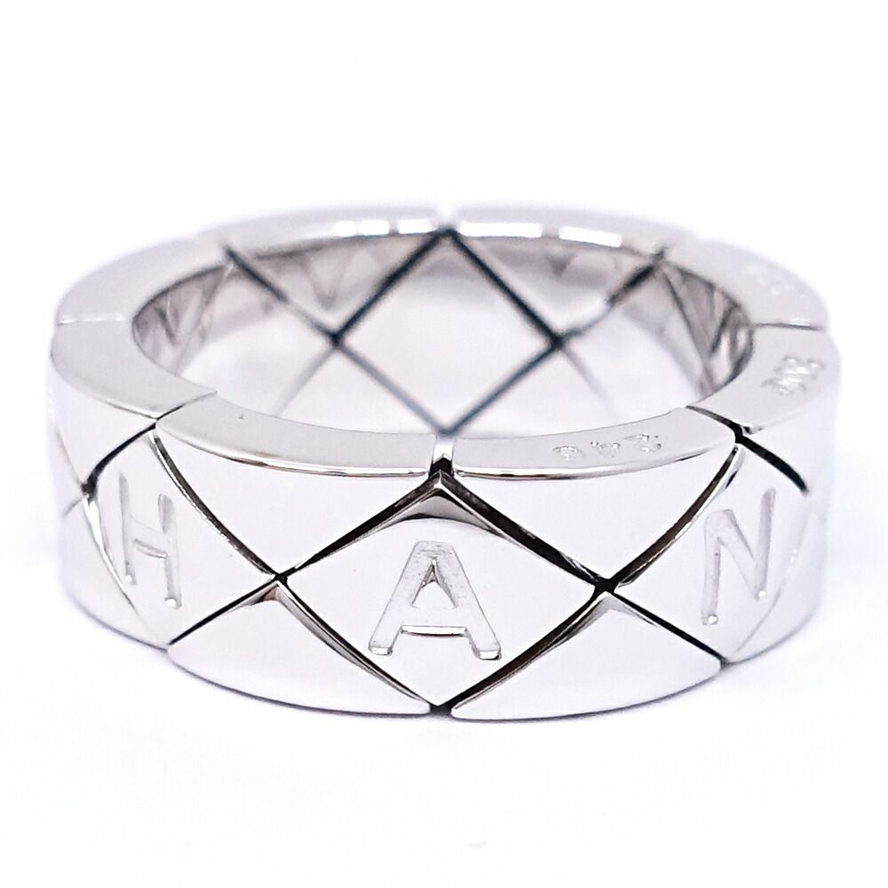 Chanel 18k White Gold Quilted Ring Logo Bullion Polished
