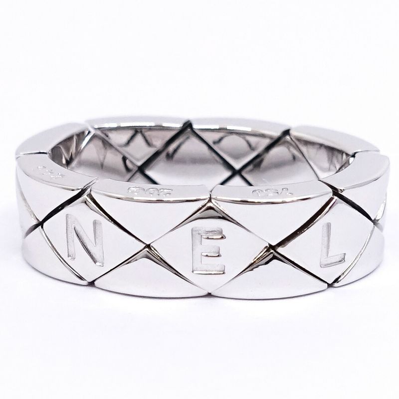 Chanel 18k White Gold Quilted Ring Logo Bullion Polished