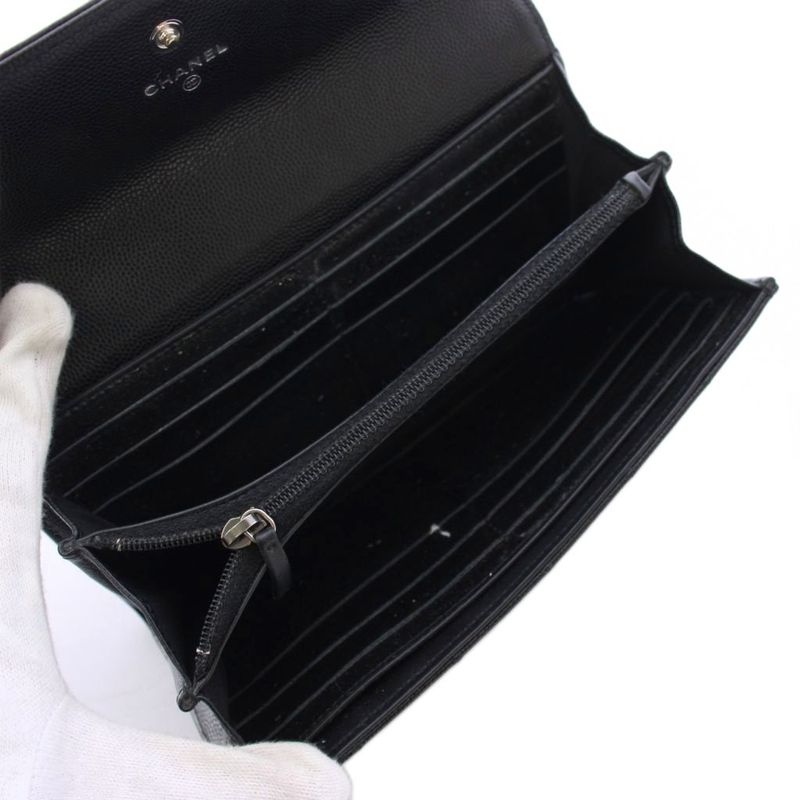 Chanel Caviar Leather Wallet CC Logo Black KH