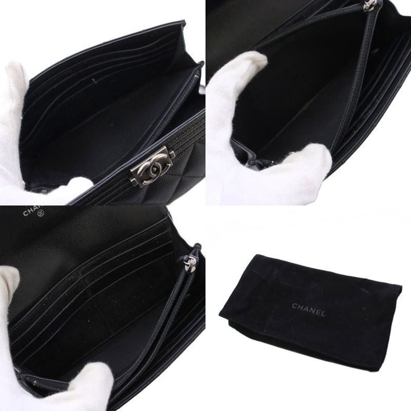 Chanel Caviar Leather Wallet CC Logo Black KH
