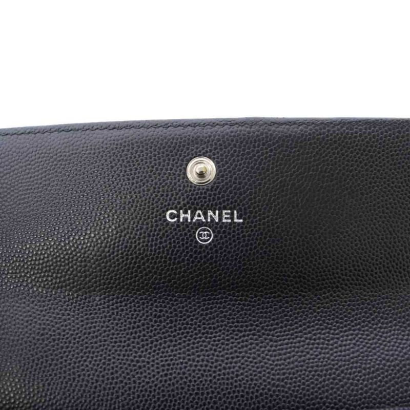 Chanel Caviar Leather Wallet CC Logo Black KH