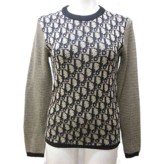 Dior Tricots Oblique Knit Sweater Logo Pattern Crew Neck Long Sleeve 42 M Beige