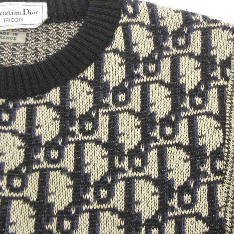 Dior Tricots Oblique Knit Sweater Logo Pattern Crew Neck Long Sleeve 42 M Beige