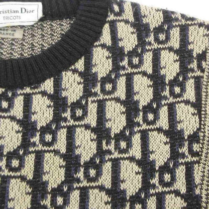 Dior Tricots Oblique Knit Sweater Logo Pattern Crew Neck Long Sleeve 42 M Beige