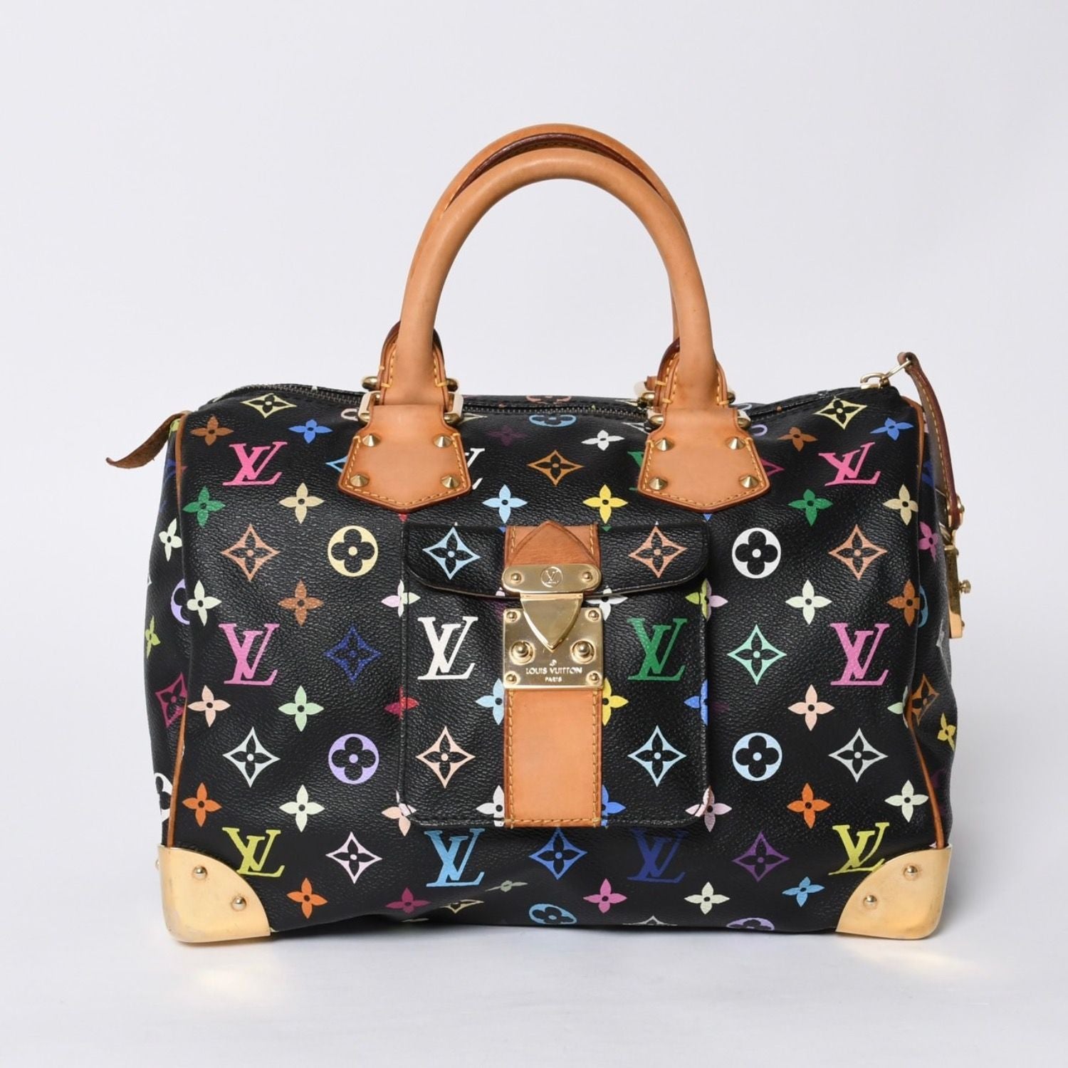 Louis Vuitton Speedy 30 Handbag Monogram Multicolor Black Gold Takashi Murakami