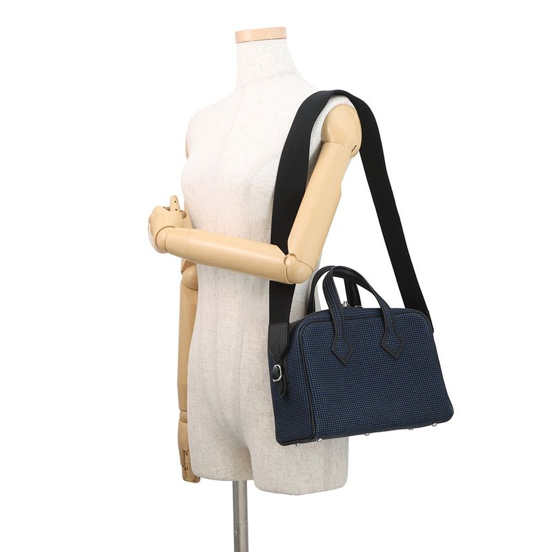 Hermes Victoria 3 Fourre Tout Mini Black Blue Saffiano Silver Swift Toile
