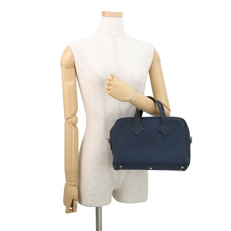 Hermes Victoria 3 Fourre Tout Mini Black Blue Saffiano Silver Swift Toile