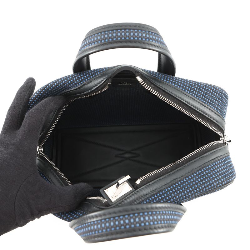 Hermes Victoria 3 Fourre Tout Mini Black Blue Saffiano Silver Swift Toile