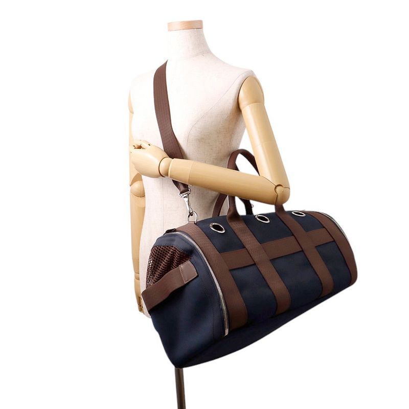 Hermes Dog Carrier Bag Navy Brown Silver Canvas Small