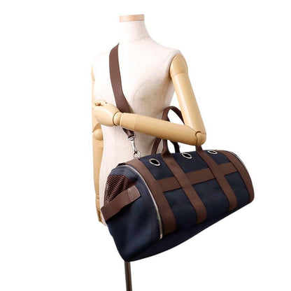 Hermes Dog Carrier Bag Navy Brown Silver Canvas Small