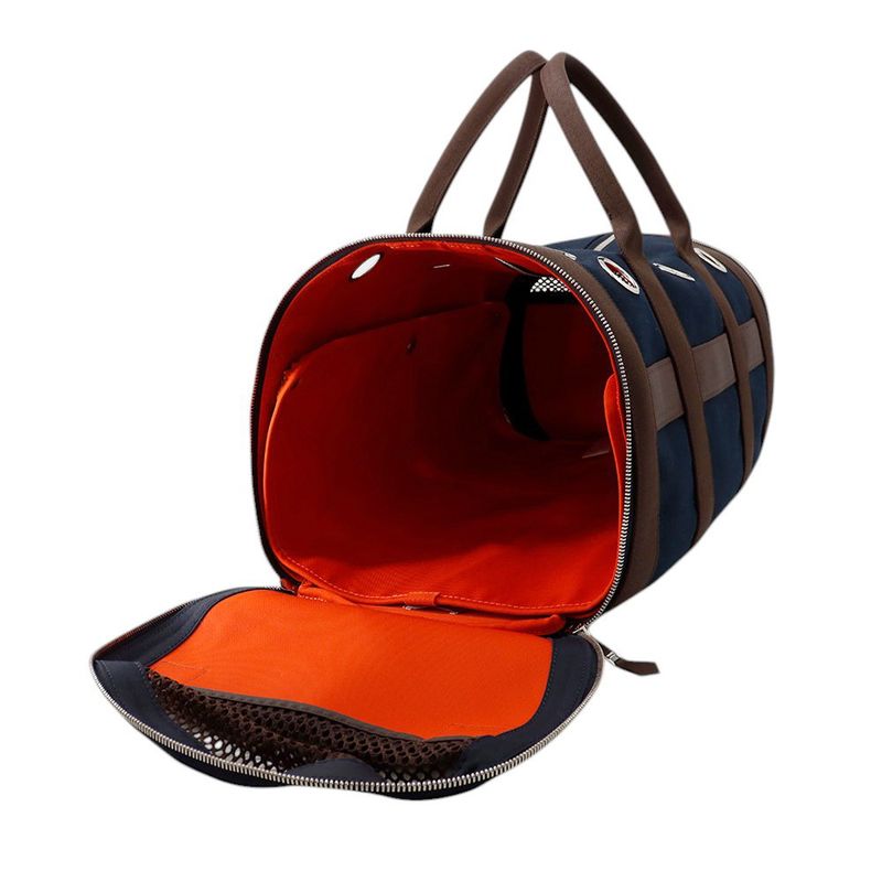Hermes Dog Carrier Bag Navy Brown Silver Canvas Small