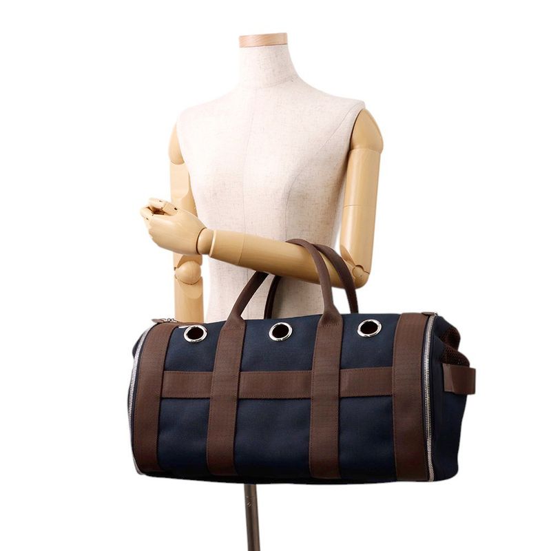 Hermes Dog Carrier Bag Navy Brown Silver Canvas Small