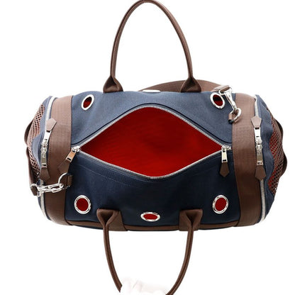 Hermes Dog Carrier Bag Navy Brown Silver Canvas Small