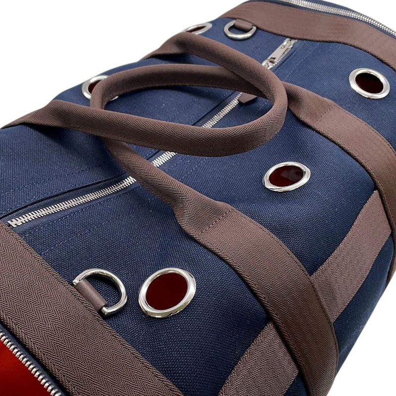 Hermes Dog Carrier Bag Navy Brown Silver Canvas Small