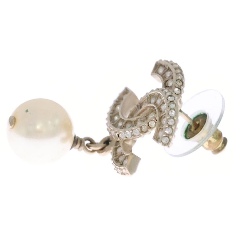 Chanel Pearl Logo Line Stone CC Earrings White Gold