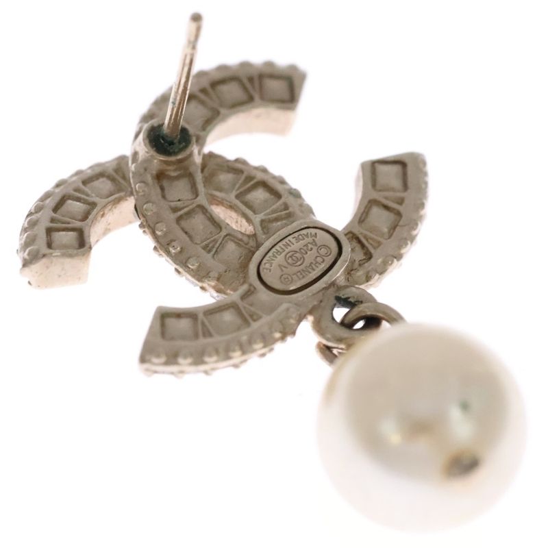 Chanel Pearl Logo Line Stone CC Earrings White Gold